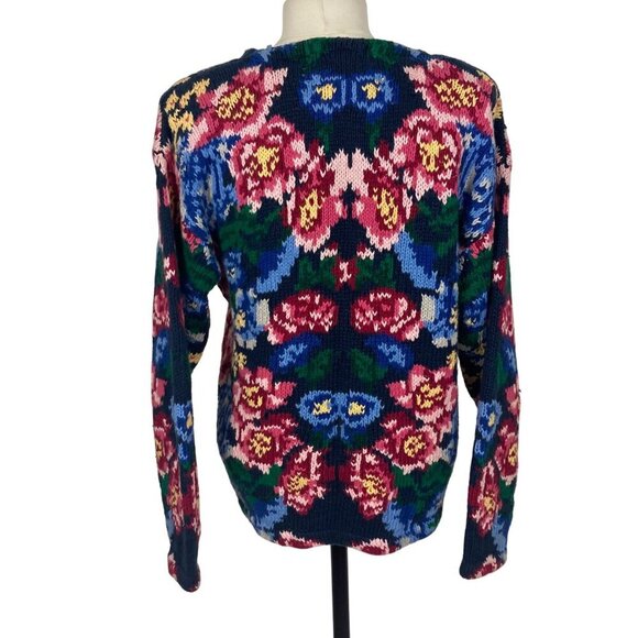 Vintage The Eagles Eye Hand Knit Floral Cardigan Sweater Large Black Pink Bold - Picture 4 of 8